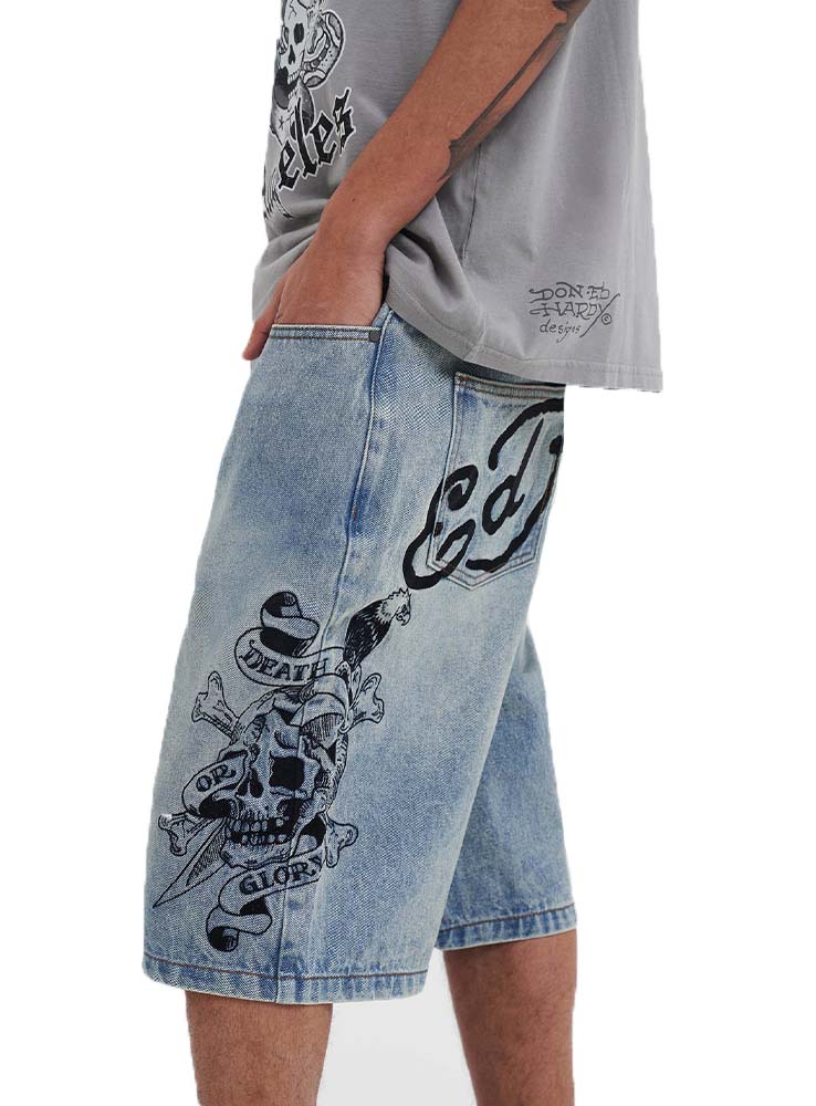 ED HARDY - Death or Glory Denim Skater Jorts Shorts - Light Blue