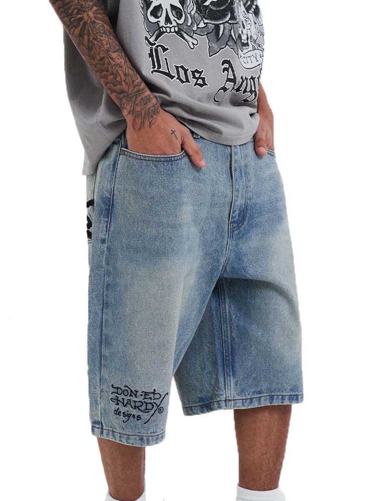 ED HARDY - Death or Glory Denim Skater Jorts Shorts - Light Blue