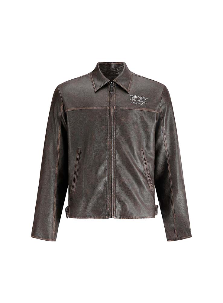 ED HARDY - Vintage Washed Vegan Leather Motocross Jacket - Brown