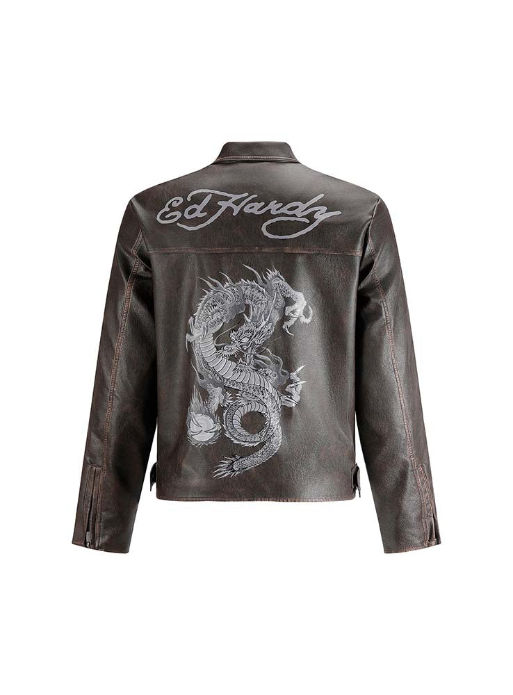 ED HARDY - Vintage Washed Vegan Leather Motocross Jacket - Brown