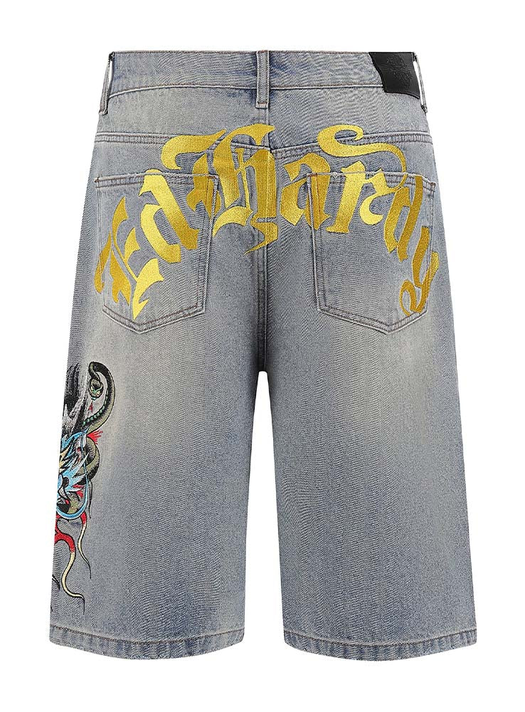 ED HARDY - Medusa Drag Denim Skater Jorts Shorts - Light Blue