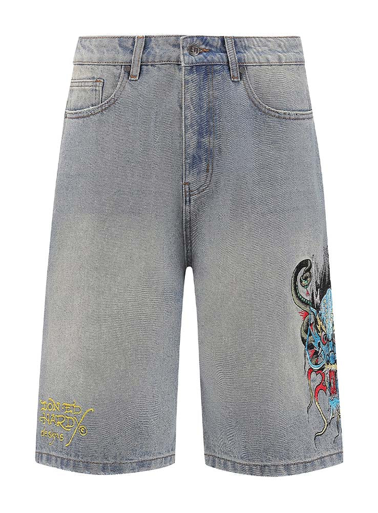 ED HARDY - Medusa Drag Denim Skater Jorts Shorts - Light Blue