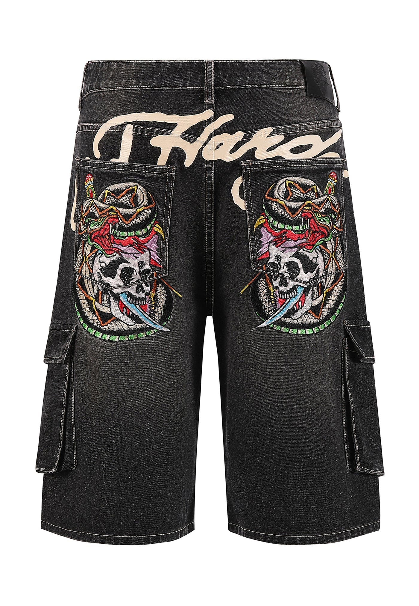 ED HARDY - Skull Dagger Thru Snake Denim Cargo Jorts Shorts - Black