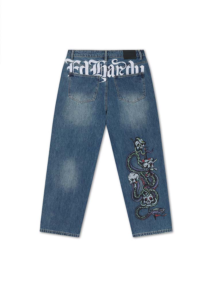 ED HARDY - Serpent Skull Graphic Relaxed Jeans - Mid Blue