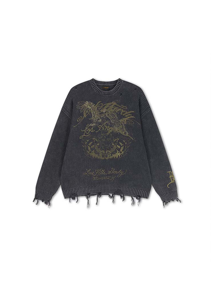 ED HARDY - Distressed Los Angeles Knitted Relaxed Crew Jumper - Washed Black