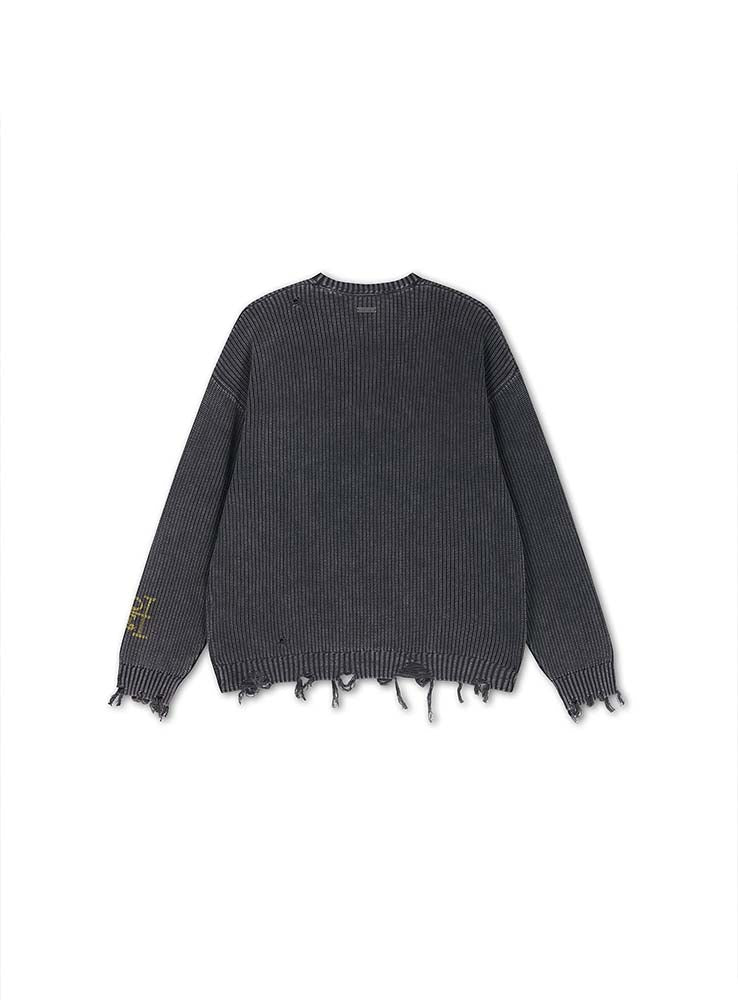 ED HARDY - Distressed Los Angeles Knitted Relaxed Crew Jumper - Washed Black