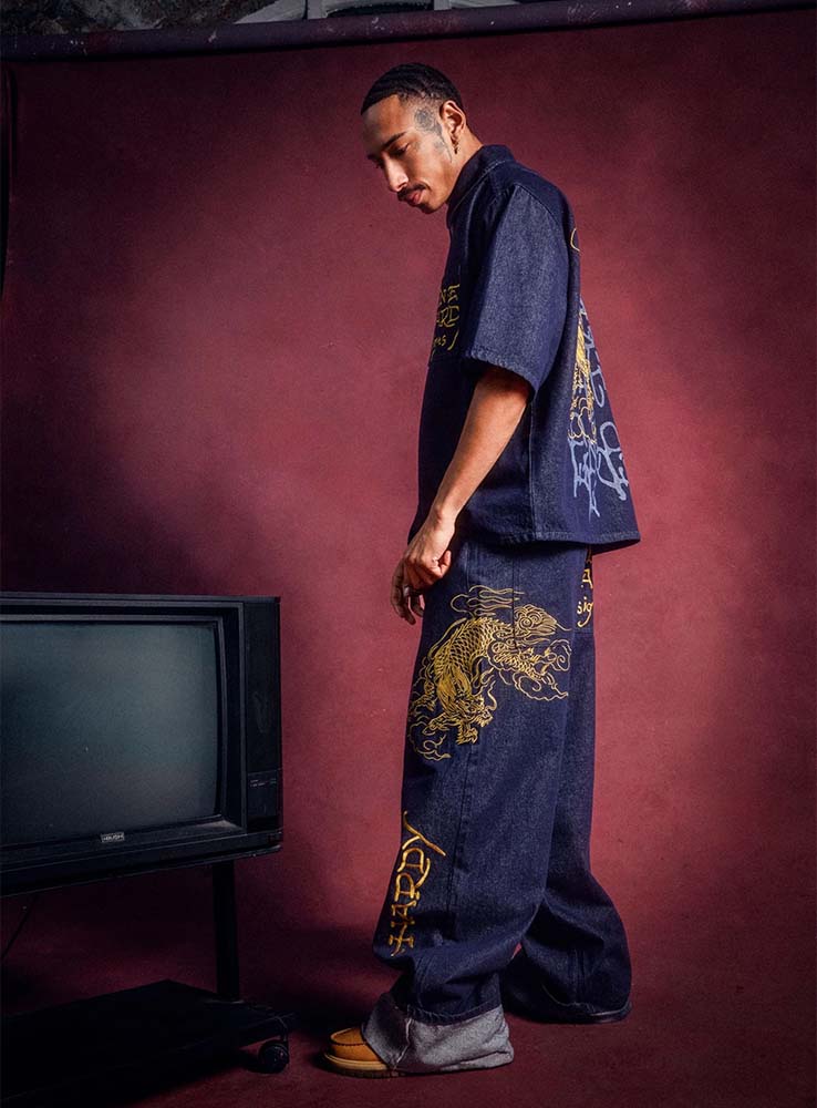 ED HARDY - Embroidered Turn Up Dragon Xxtra Jeans - Indigo