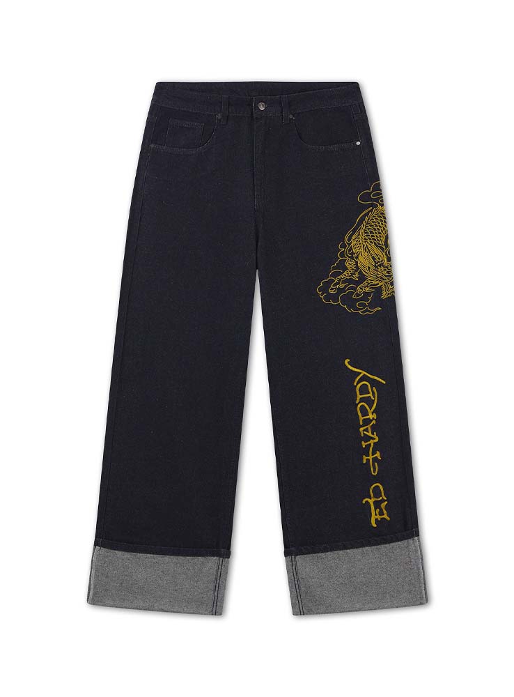ED HARDY - Embroidered Turn Up Dragon Xxtra Jeans - Indigo