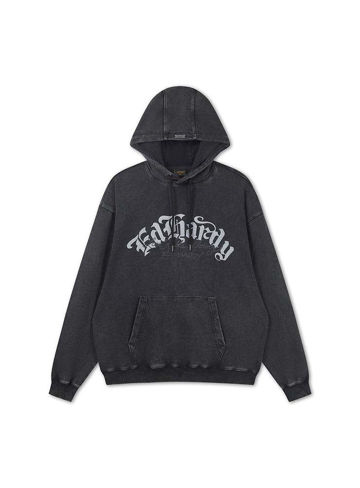 ED HARDY - Gothic Flaming Dragon Acid Wash Relaxed Hoodie - Black