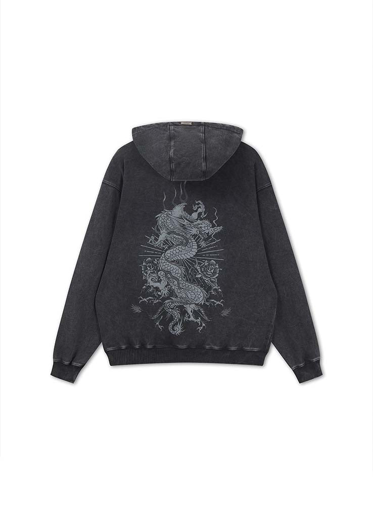 ED HARDY - Gothic Flaming Dragon Acid Wash Relaxed Hoodie - Black