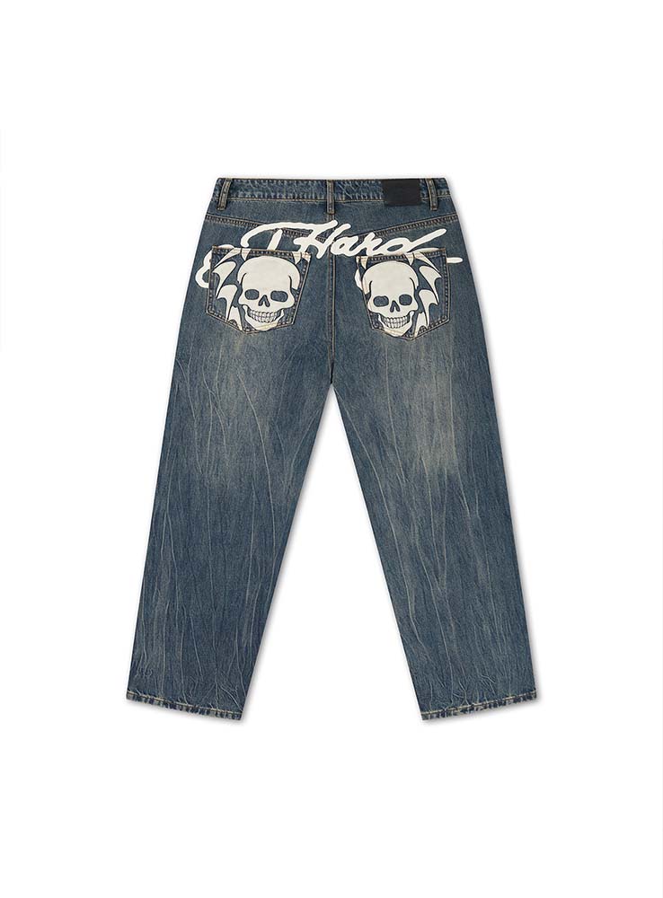 ED HARDY - Flying Skull Pu Applique Relaxed Jeans - Dark Blue