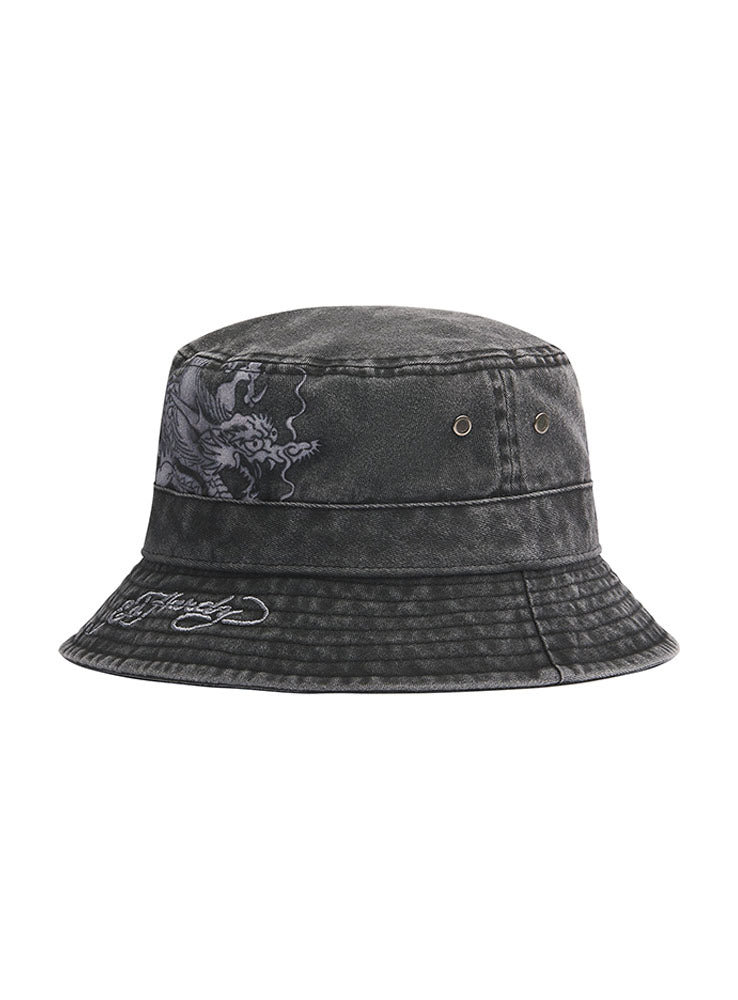ED HARDY - Crawling Dragon Acid Wash Bucket Hat - Washed Black