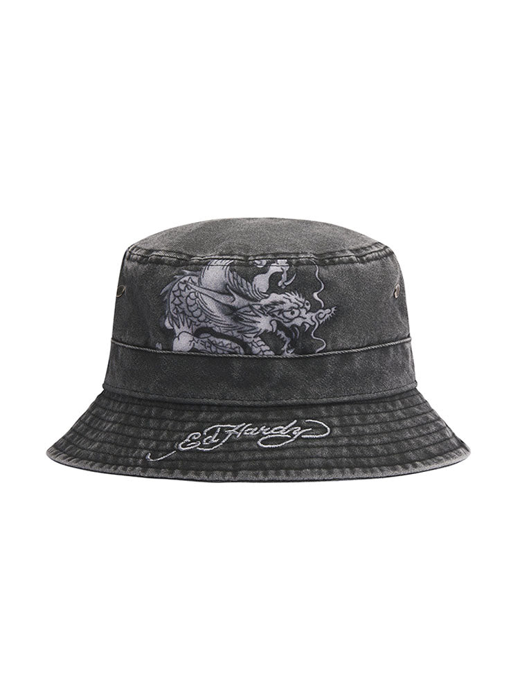 ED HARDY - Crawling Dragon Acid Wash Bucket Hat - Washed Black