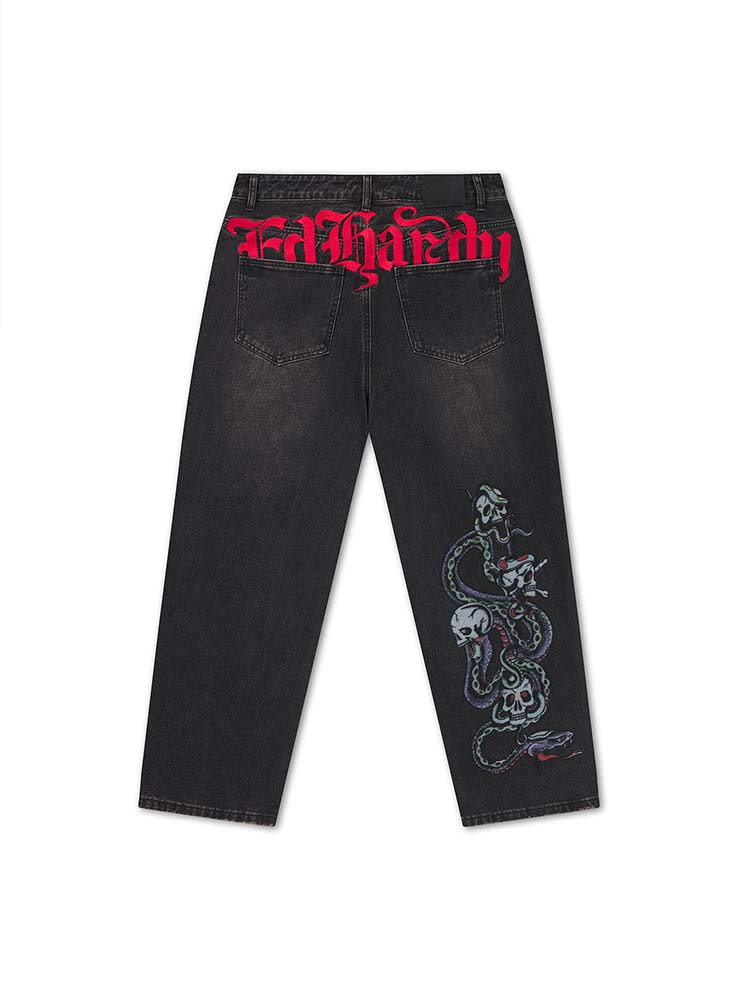 ED HARDY - Serpent Skull Graphic Relaxed Jeans - Washed Black