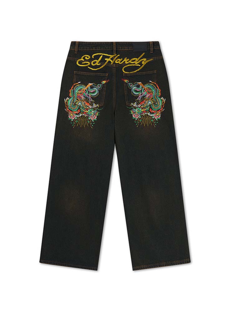 ED HARDY - Slithering Dragon Embroidered Xxtra Jeans - Sandy Black