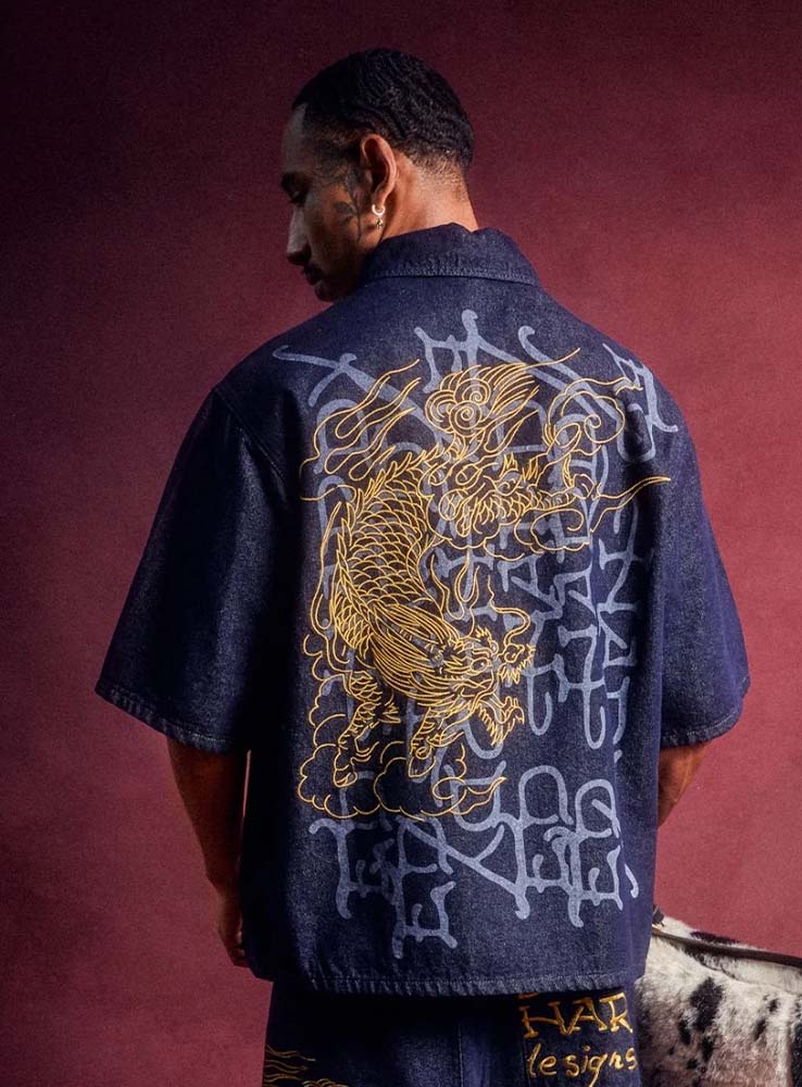 ED HARDY - Soaring Dragon Graphic Denim relaxed Shirt - Indigo